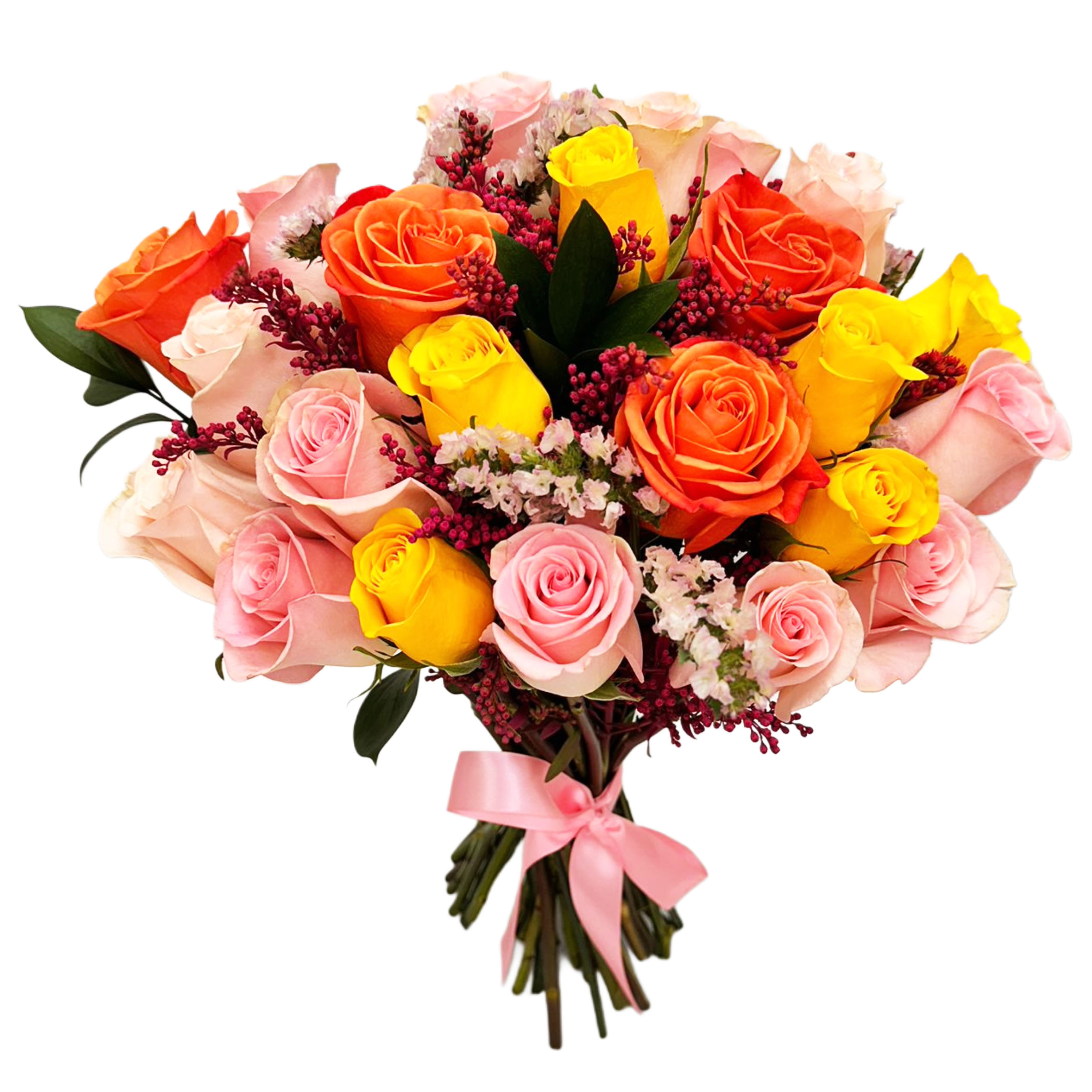A bouquet with pink, yellow and coral roses